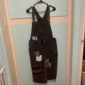 GAP Dark Gray Denim Midi Overall Dress with Multicolor Patchwork